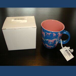 New in Box Hatley ceramic mug horse design blue and pink